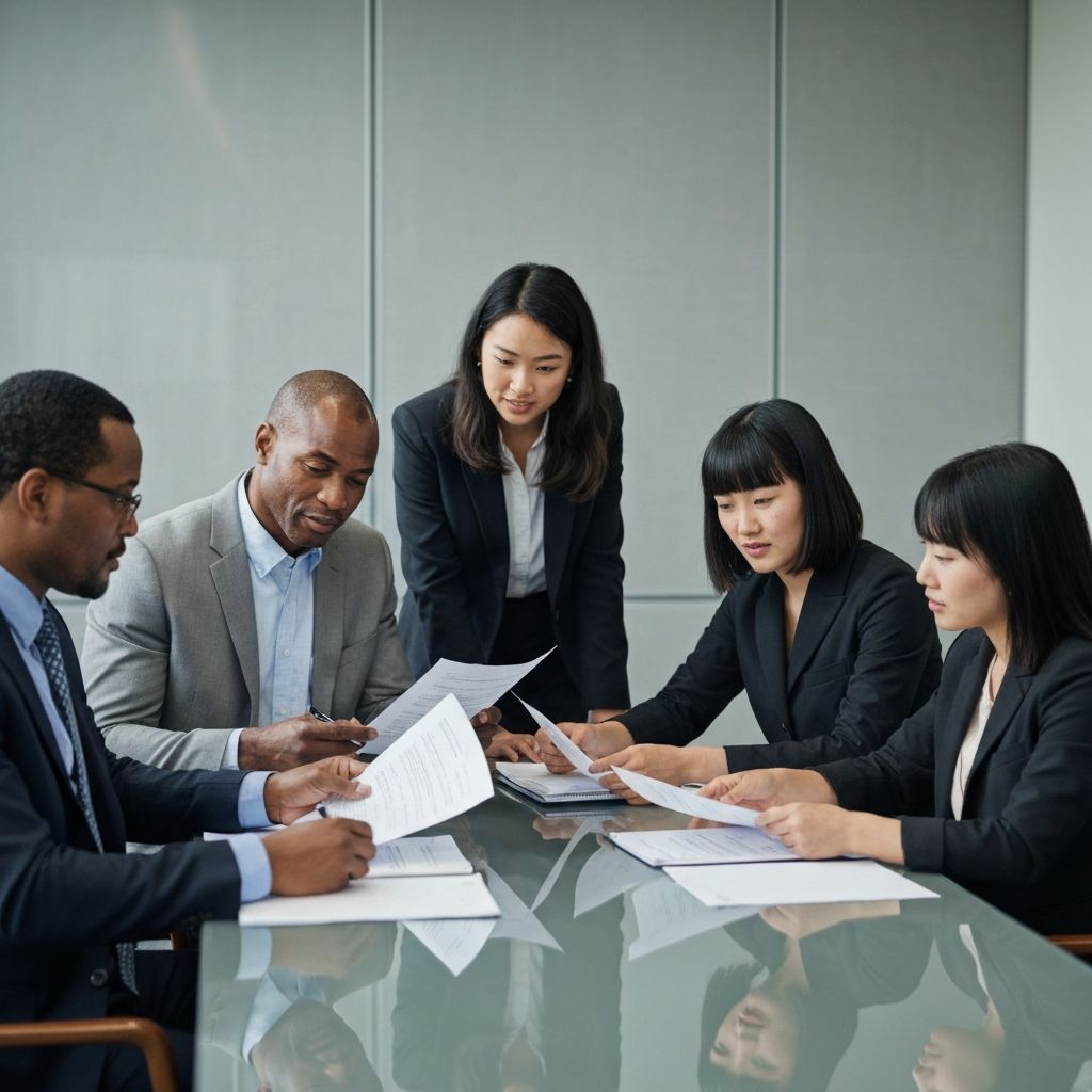 Professional meeting in a modern office with diverse team members discussing documents